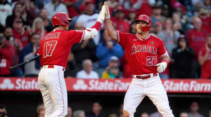 May 10, 2022; Anaheim, California, USA; Los Angeles Angels center fielder Mike Trout (27) celebrates with designated hitter Shohei Ohtani (17) after hitting a home run in the second inning against the Tampa Bay Rays at Angel Stadium.